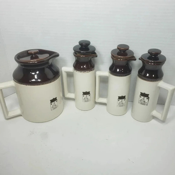 Vintage Abenakis Set  of 4 Hand crafted Crock Mini Pitchers with Lids. - Picture 1 of 13